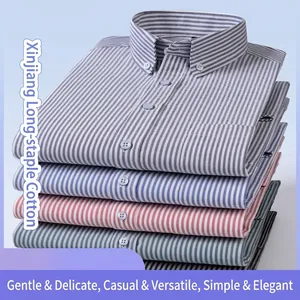 Chemise Oxford à Rayures pour Hommes Manches Longues Décontractée en Coton Col Button Down Coupe Standard Top Business
