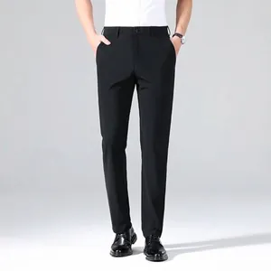 Men's High Stretch Business Casual Suit Pants Fleece Lined Thickened Warm Trousers Acrylic Polyester Solid Color Commuter Pants
