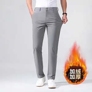 Men's high stretch grey business casual trousers with warm fleece lining for winter