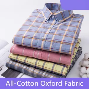 Men Cotton Oxford Long Sleeve Plaid Shirt Casual Button Down Checked Shirt Fashion Youth Large Size Top Enzyme Washed Dyed