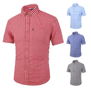 Men's summer breathable cotton plaid shirt with short sleeves and slim fit design.