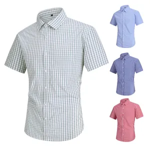 Classic summer men's slim fit plaid short-sleeve shirt in breathable cotton fabric, four colors