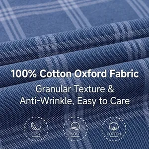 High-quality blue windowpane plaid 100% cotton Oxford fabric with granular texture