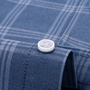 Close-up of a white button on a blue plaid Oxford cotton shirt