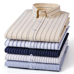 Premium men's cotton oxford long-sleeve shirts in a stack with vertical stripes.