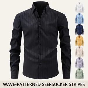 Herren Langarmhemd Vertikale Wellenstreifen Seersucker Textur Stretch Bügelfrei Slim Fit Business Casual Knopfhemd Top