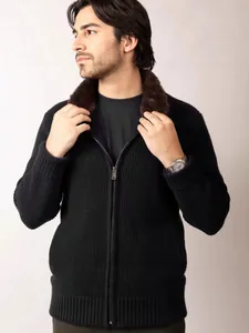 Men's black ribbed knit cardigan sweater featuring a plush brown faux fur collar detail