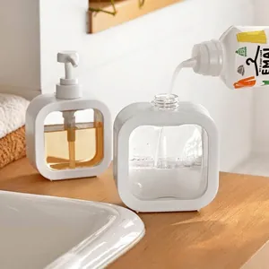 Minimalist square transparent refillable dispenser bottle with white pump for lotion