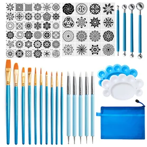 Mandala dotting tools set with stencils, paint brushes, dotting pens, and storage bag.