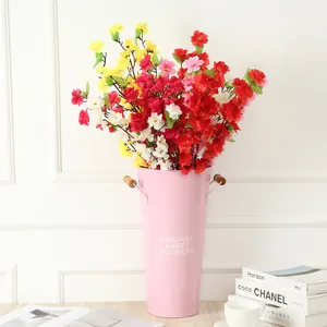 Artificial peach blossom flowers bouquet with pink metal vase for wedding and home decor