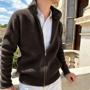 Stylish men's brown ribbed knit cardigan with a plush faux fur collar and dual zipper