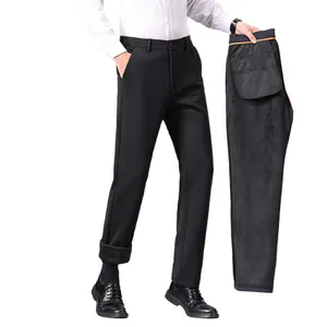 Men's slim fit business casual black trousers with warm winter fleece lining