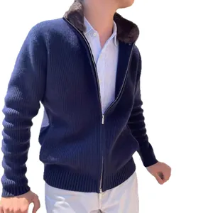 Premium men's navy blue knitted cardigan jacket with a stylish brown fur collar