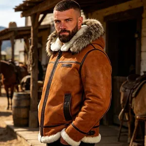 Detail view of men's winter hooded leather jacket with thick fur collar and warm lining