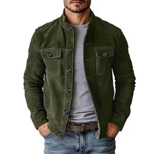 Detailed view of men's vintage dark green faux suede jacket with stand collar and pockets