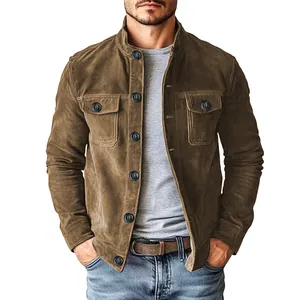 Close-up of men's vintage faux suede work jacket featuring stand collar and pockets