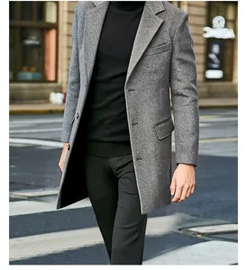 Close-up of a stylish grey single-breasted wool overcoat with notch lapel for men.