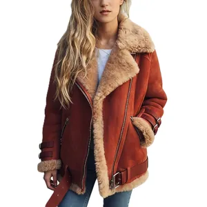 Detailed view of women's faux suede shearling jacket featuring plush lapels and belt buckles