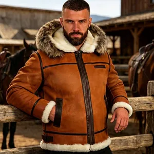 Men's brown shearling leather jacket with fur-trimmed hood in a ranch setting