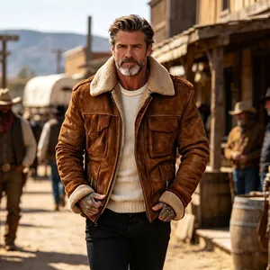Giacca da lavoro vintage da uomo marrone in finta pelle scamosciata con caldo collo in pile