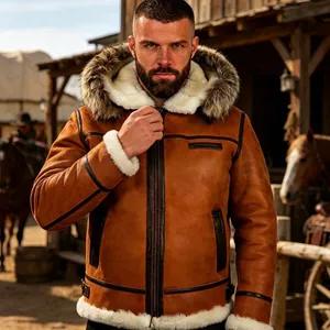 Men's Winter Hooded Faux Leather Jacket Thick Sherpa Lined Aviator Coat With Fur Collar Brown Windproof Outerwear Top