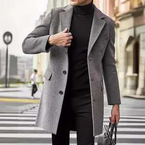 Men's Mid-Length Wool Blend Overcoat Single Breasted Notch Lapel Business Casual Fashion Long Jacket Youth Men Coat Autumn