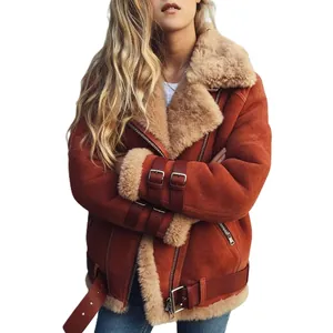 Detailed view of rust suede aviator jacket with plush faux fur lining and leather buckle straps