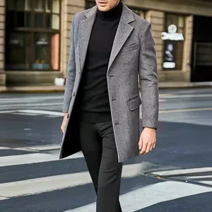 Stylish men's mid-length grey wool coat with single-breasted design and suit collar