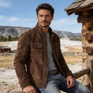 Men's vintage brown faux suede work jacket featuring a stand collar and multi-pockets.