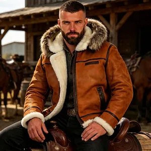 Detail of a men's winter leather jacket with a plush fur hood and fleece lining