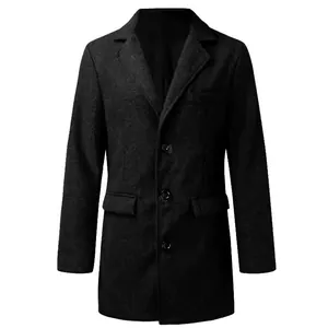 Classic black men's mid-length wool coat with notched lapel and single-breasted design