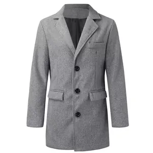 Men's mid-length grey wool blend coat with single-breasted buttons and notched lapel
