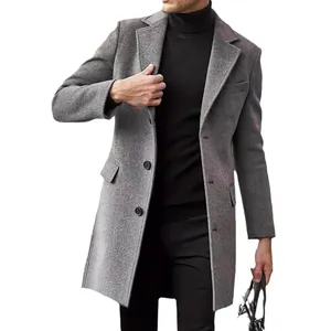 Stylish men's mid-length grey wool coat with single-breasted design and notched lapels