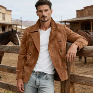 Giacca da Uomo Western Retro in Camoscio Doppiopetto con Revers Casual Slim Fit Capospalla per Primavera Autunno