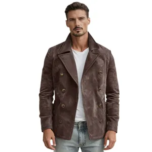Giacca vintage da uomo in camoscio marrone con doppiopetto e colletto a rever casual