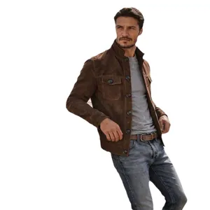 Classic vintage men's brown faux suede workwear jacket with stand collar and pockets
