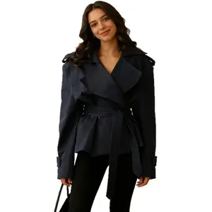 Stylish navy blue wrap jacket with waist belt for women's autumn fashion