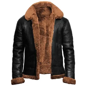 Men's winter PU leather jacket with warm brown faux shearling lining and lapel collar