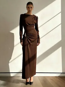Women Designer Ruched Slim Fit Long Sleeve Maxi Dress Pleated Floor Length Evening Party Dress Solid Color Bodycon Dress