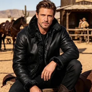 Men's winter black PU leather shearling jacket with warm fur collar in desert setting