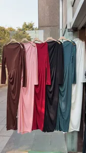 Elegant slim fit long sleeve ruched midi dresses displayed in a row with multiple colors