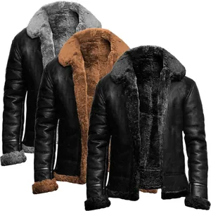 Men's winter PU leather shearling jacket with warm fleece lining and lapel collar