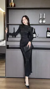 Elegant French style black pleated long-sleeve bodycon dress with shoulder embellishments