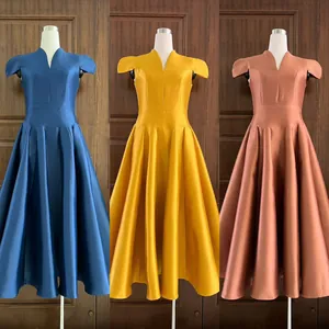 Elegant V-neck pleated midi dresses in blue, yellow, and mauve satin fabric.