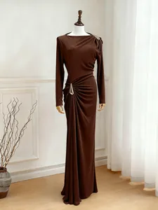 Elegant chocolate brown long-sleeved slim-fit maxi dress with pleated waist detail.