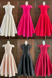Elegant V-neck petal sleeve party dresses in multiple colors with pleated flared skirts