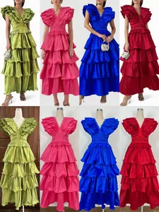 Elegant multi-tiered ruffled evening gown in various colors with pleated V-neck design