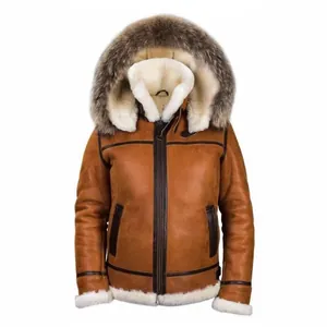 Men's brown hooded shearling jacket with thick fur collar and leather finish