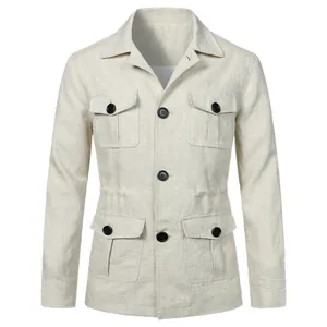 Men's vintage beige linen-textured jacket with four front pockets and lapel collar