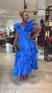 Elegant bright blue pleated banquet dress with multi-layer ruffles.
